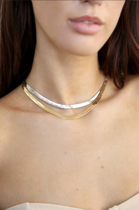 Brooklyn Flat Herringbone Chain Necklace in mixed metal on model 2