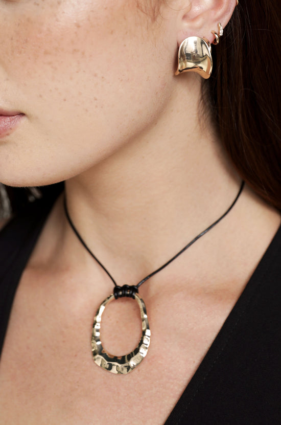 Hammered Golden Loop Pendant 18k Gold Plated Necklace on model